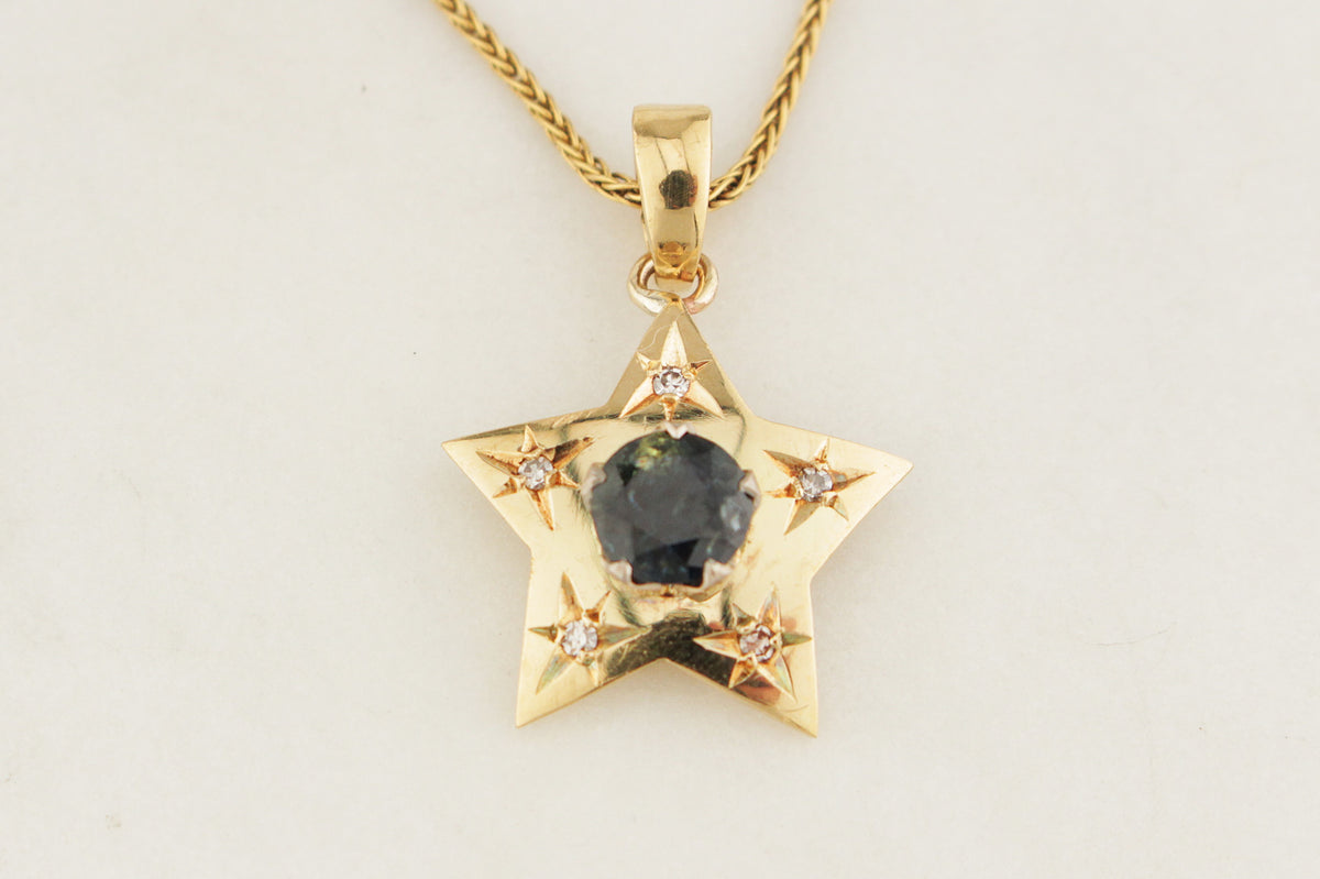 ANTIQUE c1920 TEAL SAPPHIRE &amp; DIAMOND PENDANT 18ct GOLD
