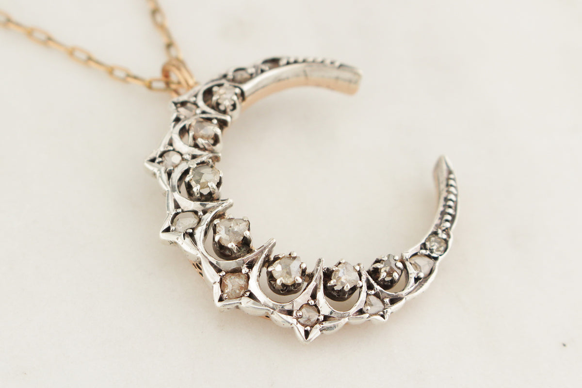 ANTIQUE LATE VICTORIAN c1890 DIAMOND CRESCENT MOON PENDANT 15ct GOLD &amp; SILVER