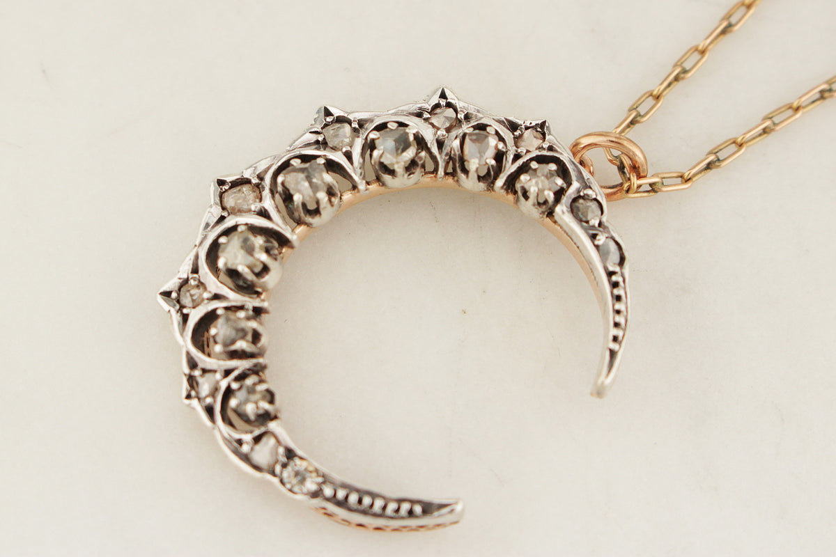 ANTIQUE LATE VICTORIAN c1890 DIAMOND CRESCENT MOON PENDANT 15ct GOLD &amp; SILVER