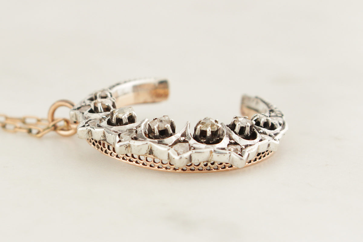 ANTIQUE LATE VICTORIAN c1890 DIAMOND CRESCENT MOON PENDANT 15ct GOLD &amp; SILVER