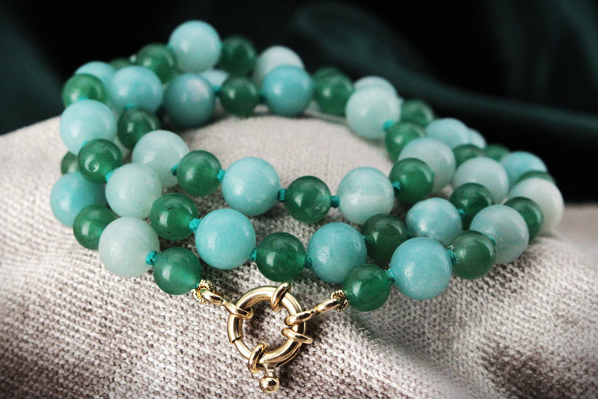 BESPOKE AVENTURINE &amp; AMAZONITE NECKLACE 9ct GOLD