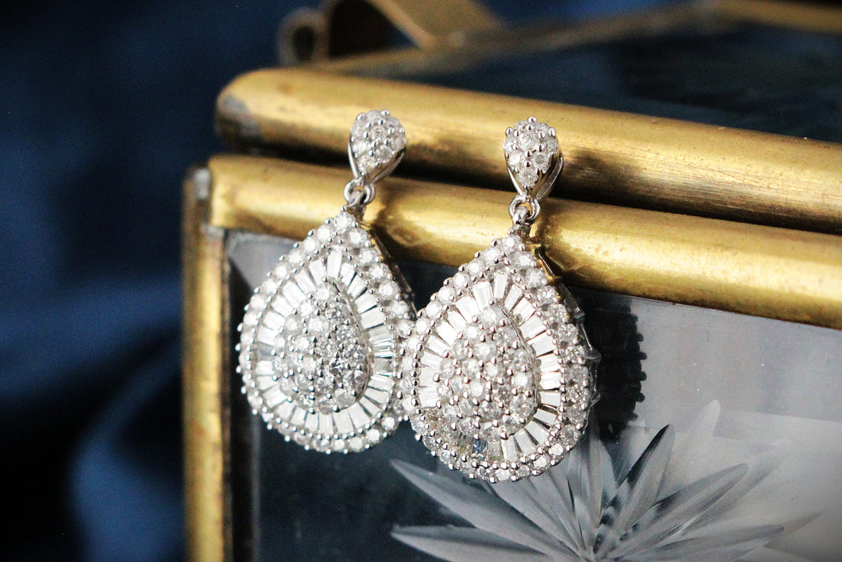 DIAMOND TEARDROP EARRINGS 9ct WHITE GOLD
