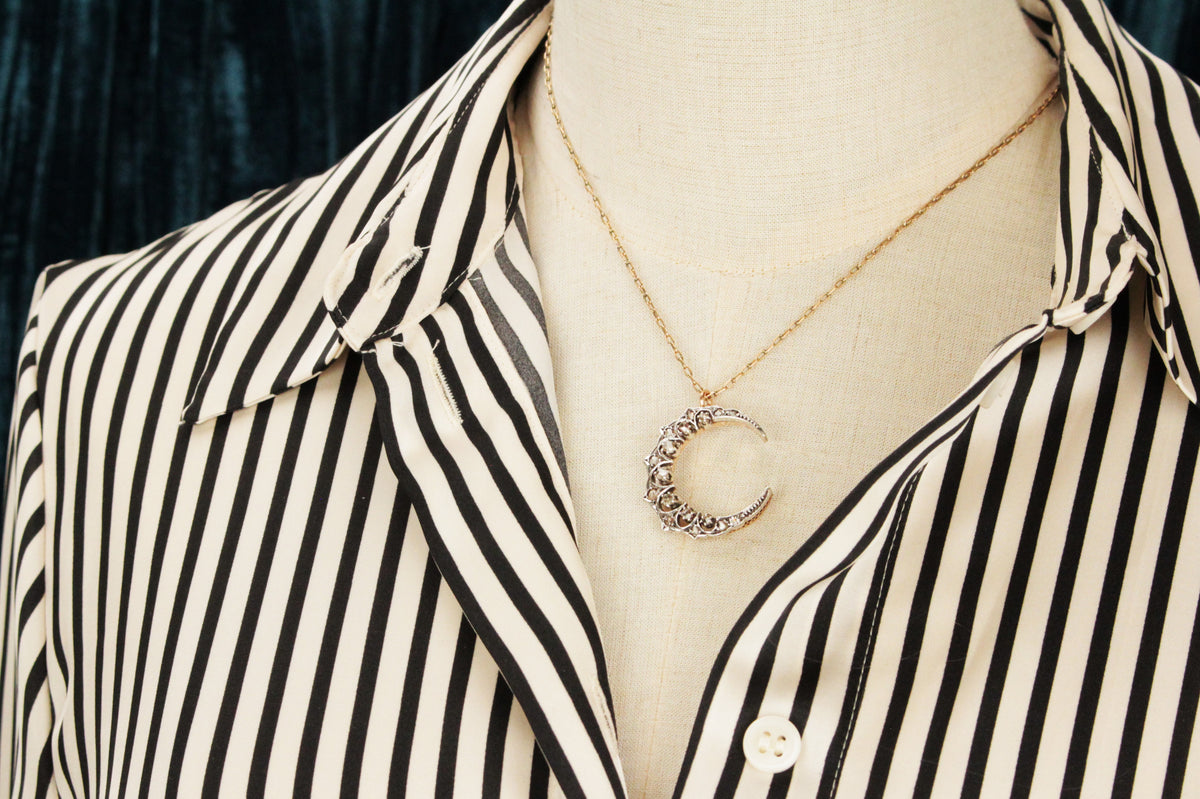 ANTIQUE LATE VICTORIAN c1890 DIAMOND CRESCENT MOON PENDANT 15ct GOLD &amp; SILVER
