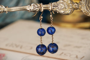 VINTAGE BLUE/COPPER GLASS EARRINGS ON 9ct YELLOW GOLD