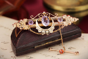 ANTIQUE EDWARDAIN c1910 AMETHYST CITRINE & SEED PEARL BROOCH ON 9ct YELLOW GOLD