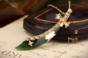 ANTIQUE VICTORIAN AUSTRALIAN c1880 NEPHRITE JADE & NATURAL SEED PEARL SCABBARD PENDANT ON 15ct YELLOW GOLD