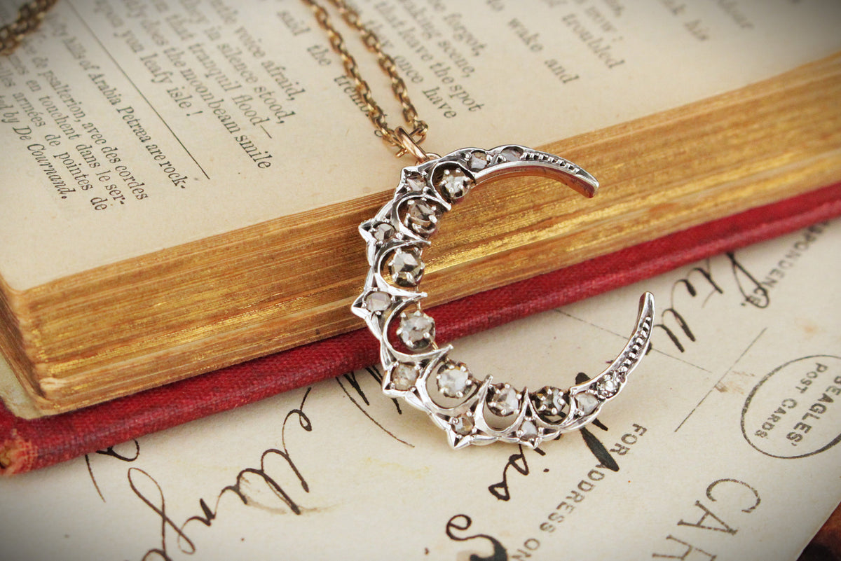 ANTIQUE LATE VICTORIAN c1890 DIAMOND CRESCENT MOON PENDANT 15ct GOLD &amp; SILVER