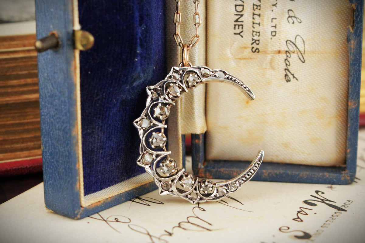 ANTIQUE LATE VICTORIAN c1890 DIAMOND CRESCENT MOON PENDANT 15ct GOLD &amp; SILVER
