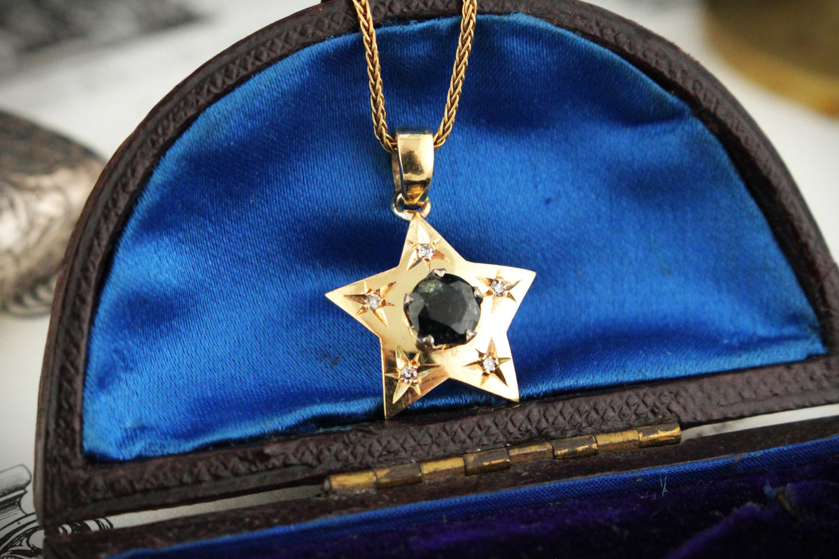 ANTIQUE c1920 TEAL SAPPHIRE &amp; DIAMOND PENDANT 18ct GOLD