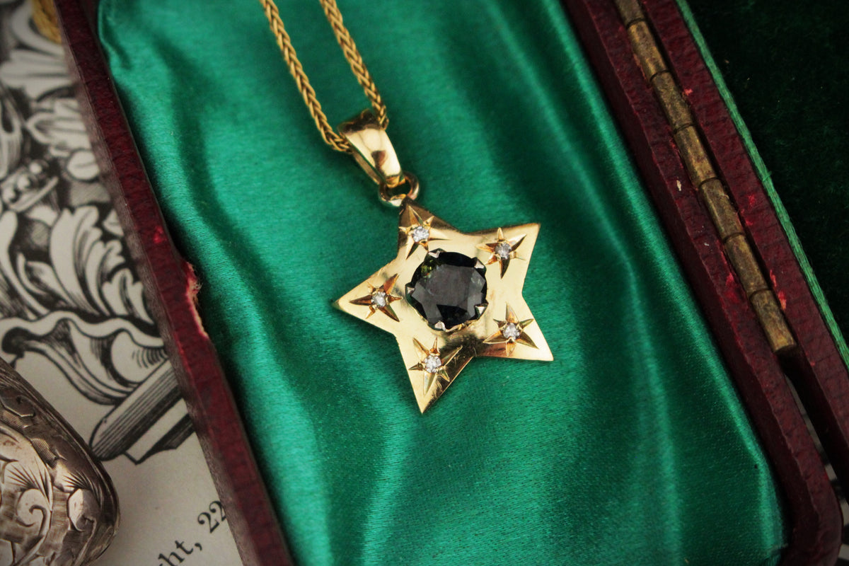ANTIQUE c1920 TEAL SAPPHIRE &amp; DIAMOND PENDANT 18ct GOLD