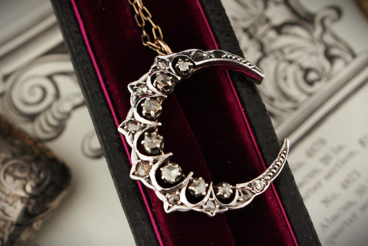 ANTIQUE LATE VICTORIAN c1890 DIAMOND CRESCENT MOON PENDANT 15ct GOLD &amp; SILVER