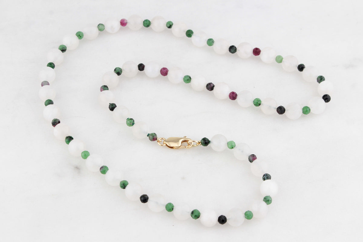 BESPOKE MOONSTONE &amp; RUBY ZOISITE NECKLACE 9ct GOLD