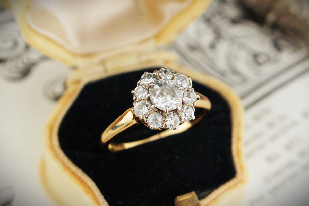 ANTIQUE EDWARDIAN c1900 1.38ct DIAMOND DAISY CLUSTER RING 18ct GOLD &amp; PLATINUM