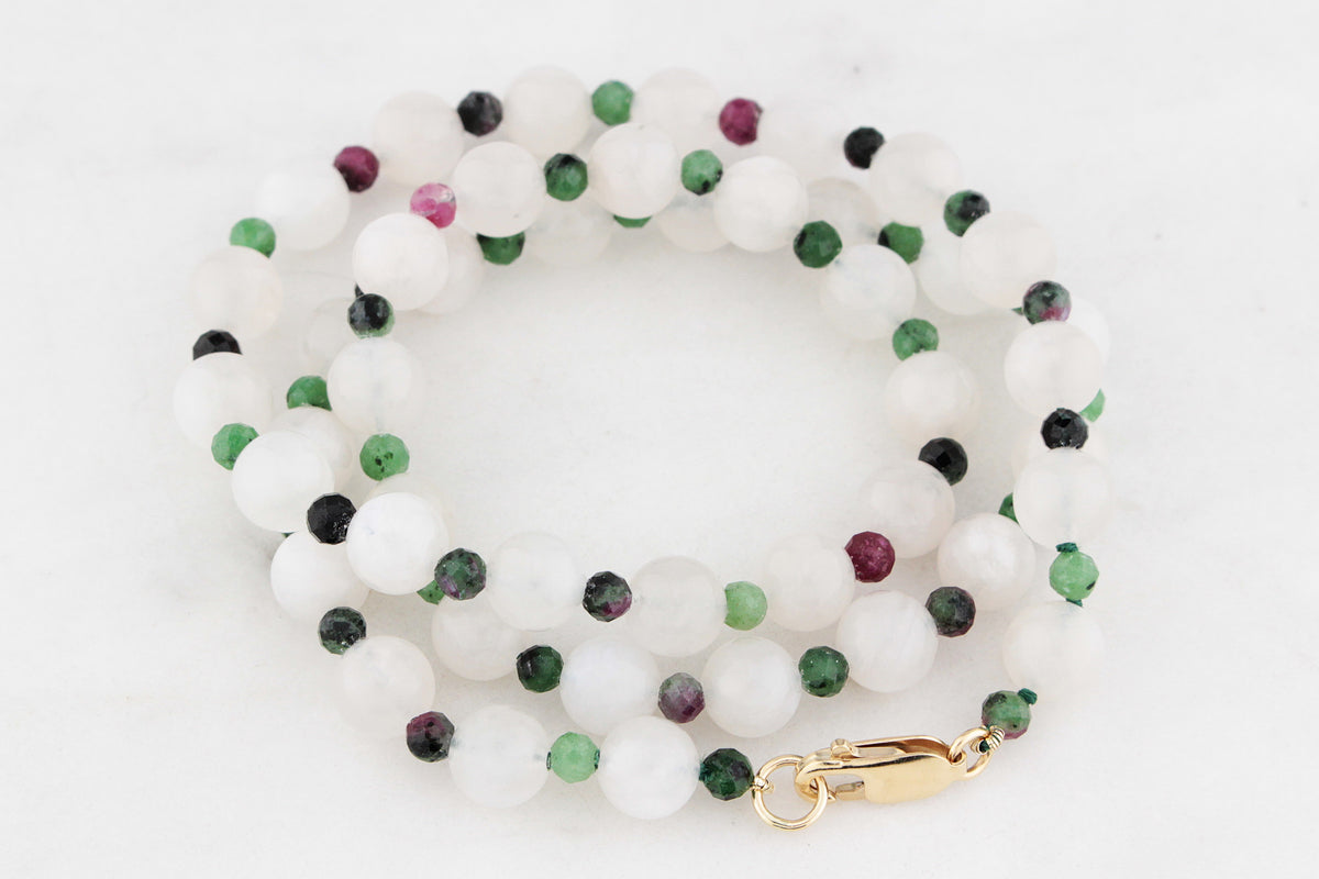 BESPOKE MOONSTONE &amp; RUBY ZOISITE NECKLACE 9ct GOLD