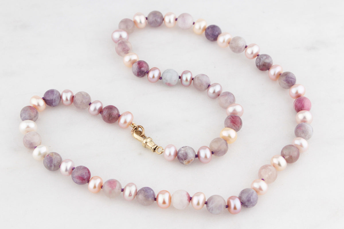 BESPOKE PINK PEARL &amp; PLUM TOURMALINE NECKLACE 9ct GOLD