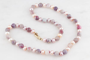 BESPOKE PINK PEARL & PLUM TOURMALINE NECKLACE 9ct GOLD