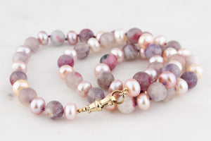 BESPOKE PINK PEARL & PLUM TOURMALINE NECKLACE 9ct GOLD