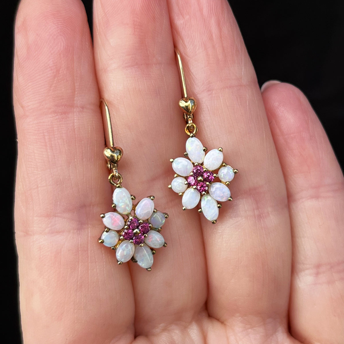 VINTAGE MID CENTURY GARNET & OPAL EARRINGS 9ct GOLD