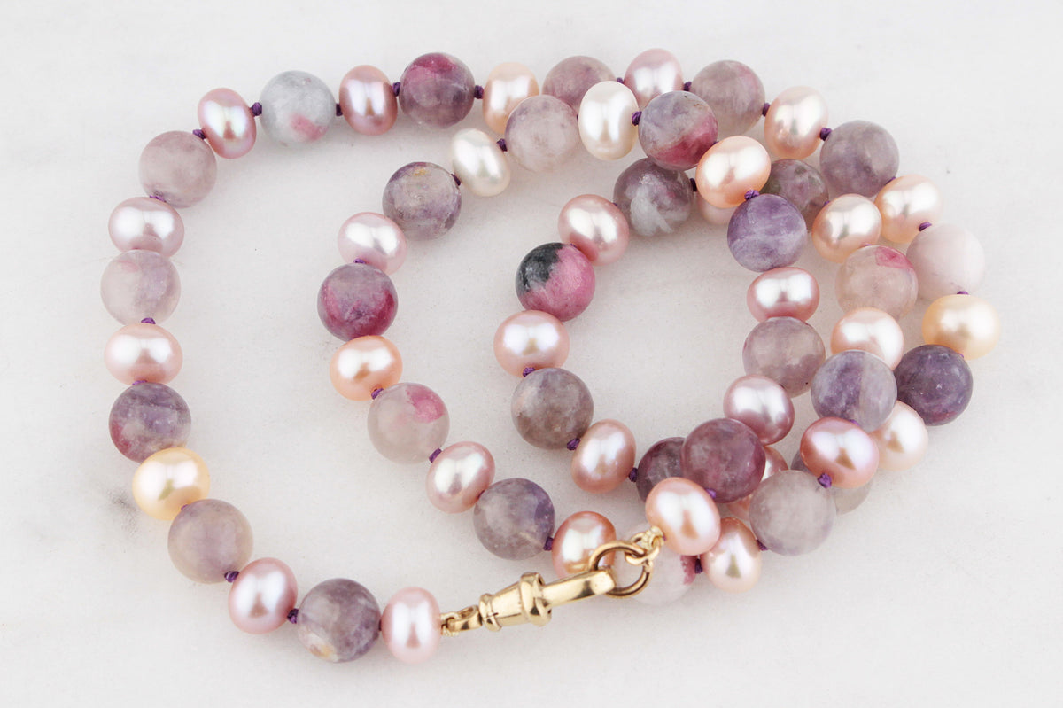 BESPOKE PINK PEARL &amp; PLUM TOURMALINE NECKLACE 9ct GOLD