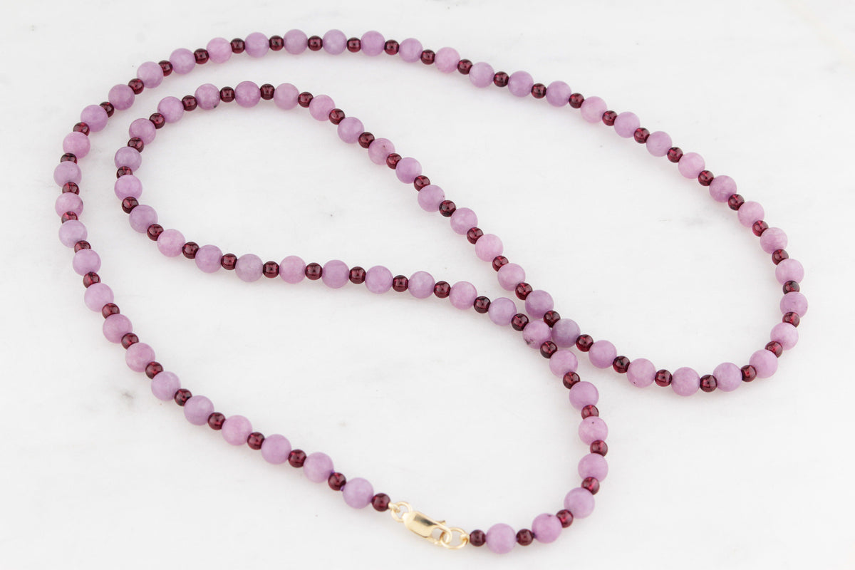 BESPOKE KUNZITE &amp; GARNET NECKLACE 9CT GOLD