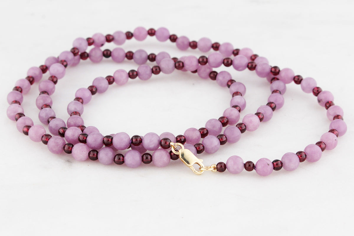 BESPOKE KUNZITE &amp; GARNET NECKLACE 9CT GOLD
