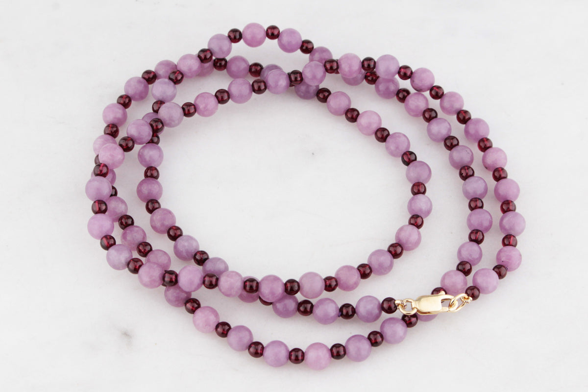 BESPOKE KUNZITE &amp; GARNET NECKLACE 9CT GOLD