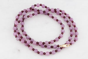 BESPOKE KUNZITE & GARNET NECKLACE 9CT GOLD