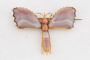 ANTIQUE VICTORIAN c1890 BANDED AGATE BUTTERFLY BROOCH 20ct GOLD