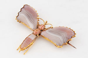 ANTIQUE VICTORIAN c1890 BANDED AGATE BUTTERFLY BROOCH 20ct GOLD
