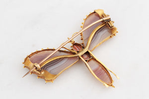 ANTIQUE VICTORIAN c1890 BANDED AGATE BUTTERFLY BROOCH 20ct GOLD
