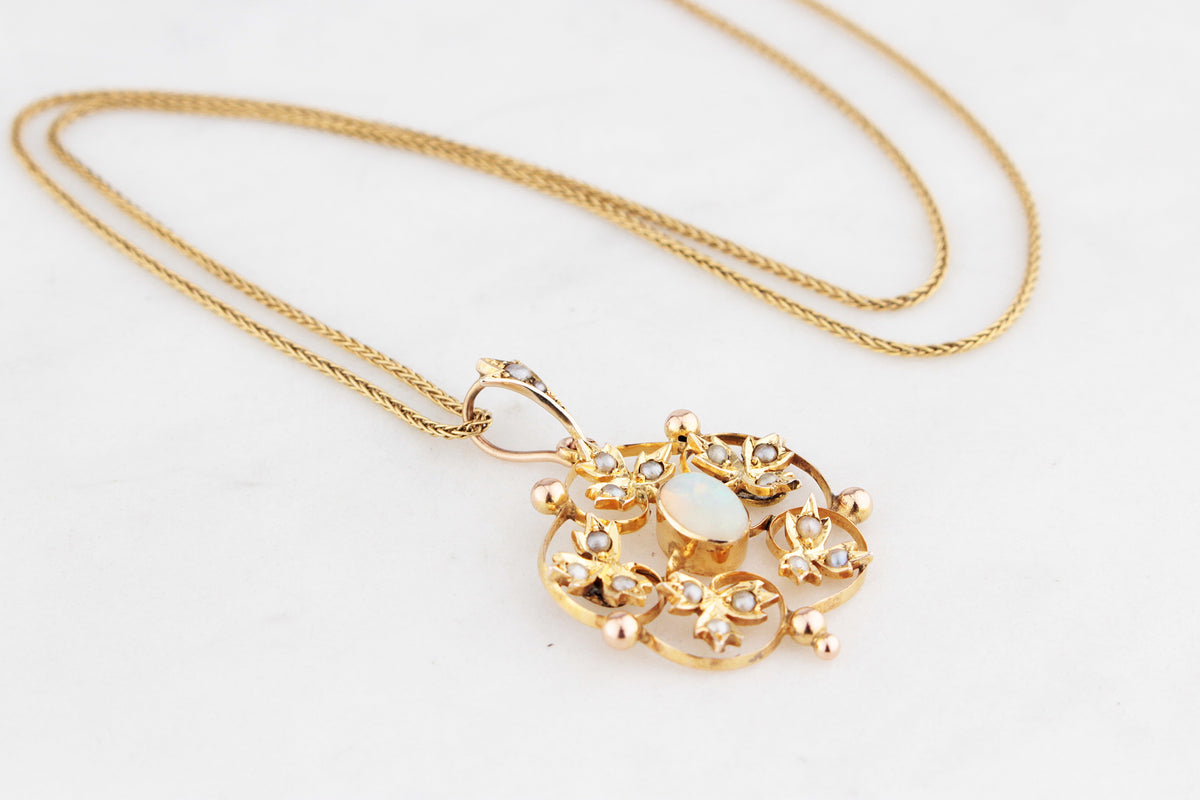 ANTIQUE EDWARDIAN c1900 OPAL &amp; SEED PEARL PENDANT 9ct GOLD
