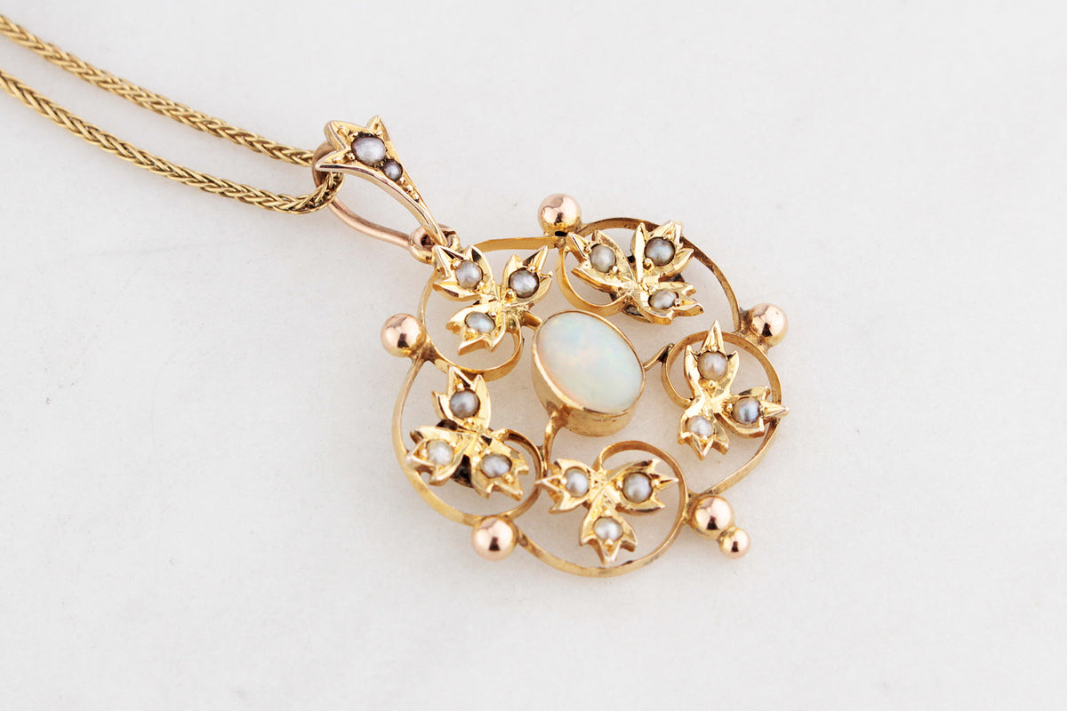 ANTIQUE EDWARDIAN c1900 OPAL &amp; SEED PEARL PENDANT 9ct GOLD