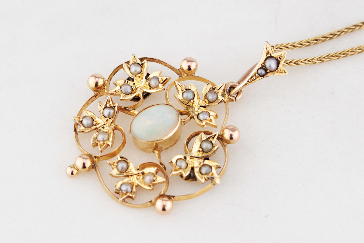 ANTIQUE EDWARDIAN c1900 OPAL &amp; SEED PEARL PENDANT 9ct GOLD