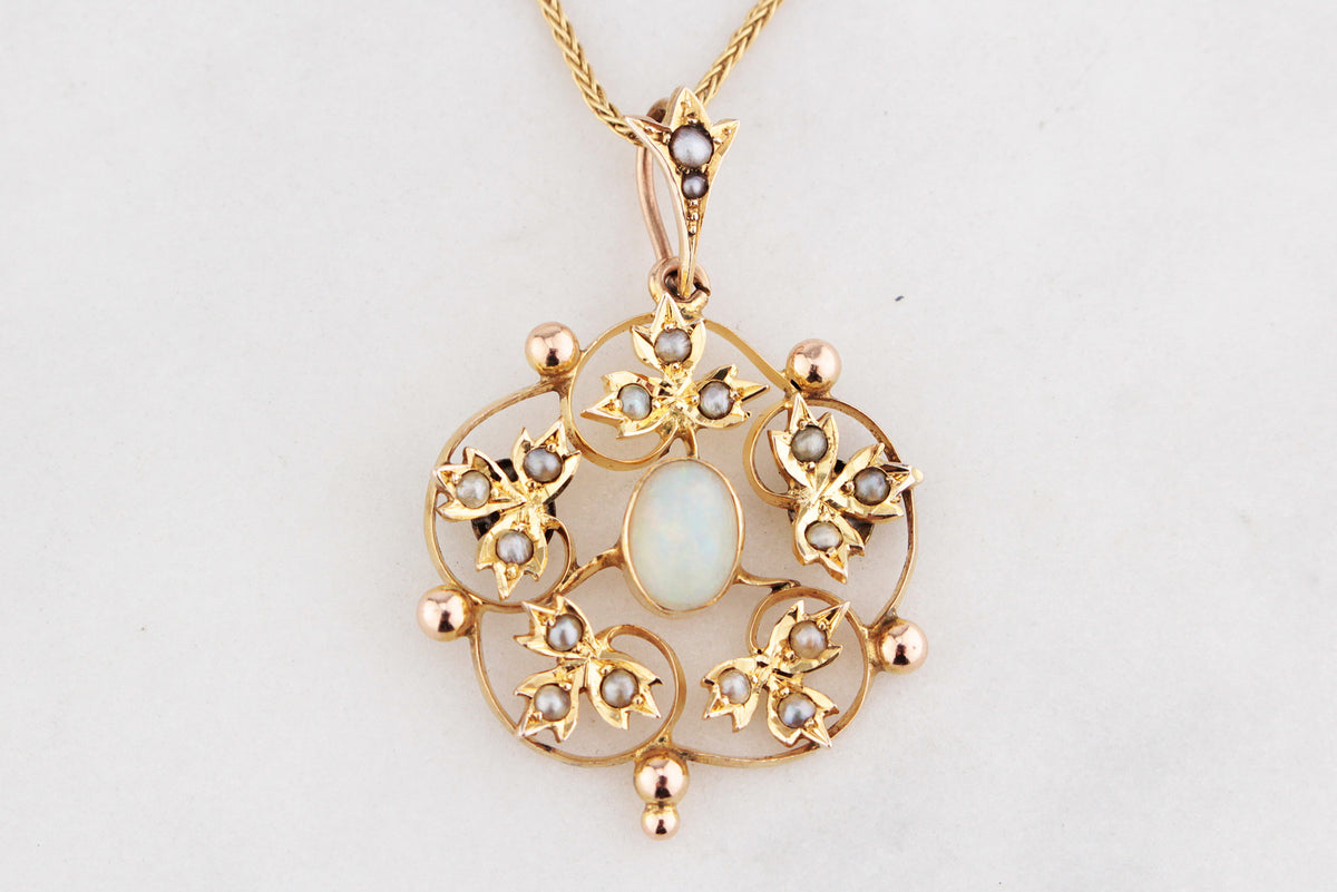 ANTIQUE EDWARDIAN c1900 OPAL &amp; SEED PEARL PENDANT 9ct GOLD