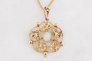 ANTIQUE EDWARDIAN c1900 OPAL & SEED PEARL PENDANT 9ct GOLD