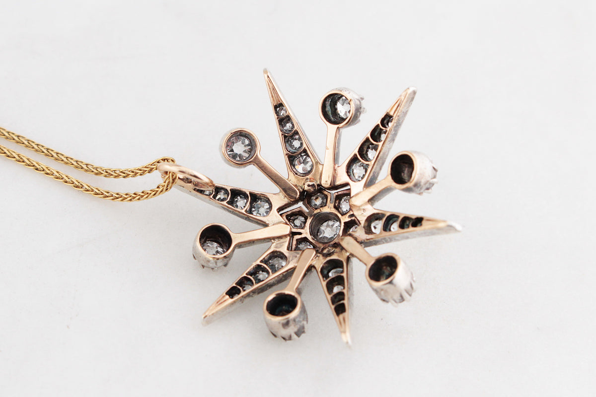 ANTIQUE VICTORIAN c1850 DIAMOND STARBURST PENDANT SILVER &amp; 9ct GOLD