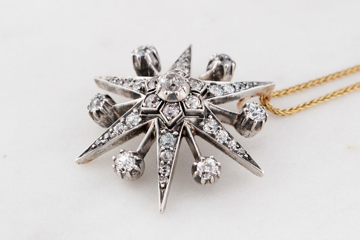 ANTIQUE VICTORIAN c1850 DIAMOND STARBURST PENDANT SILVER &amp; 9ct GOLD