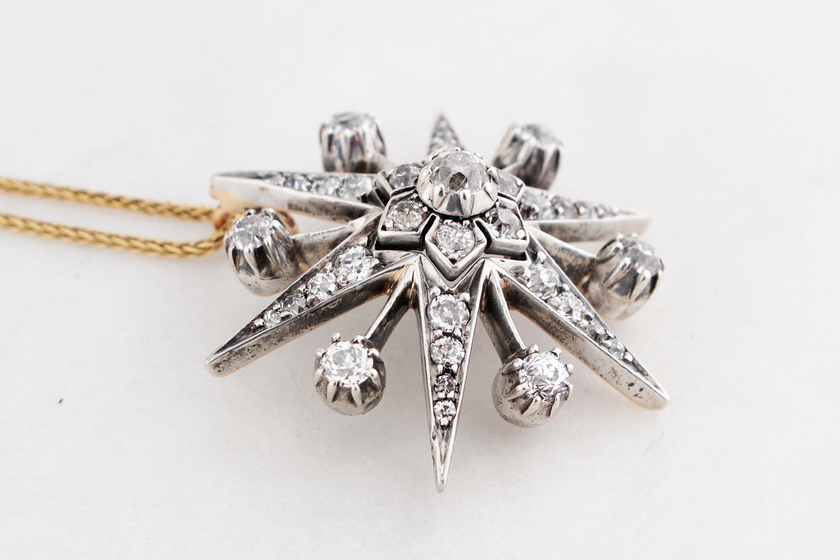 ANTIQUE VICTORIAN c1850 DIAMOND STARBURST PENDANT SILVER &amp; 9ct GOLD