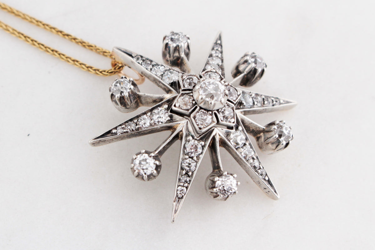 ANTIQUE VICTORIAN c1850 DIAMOND STARBURST PENDANT SILVER &amp; 9ct GOLD