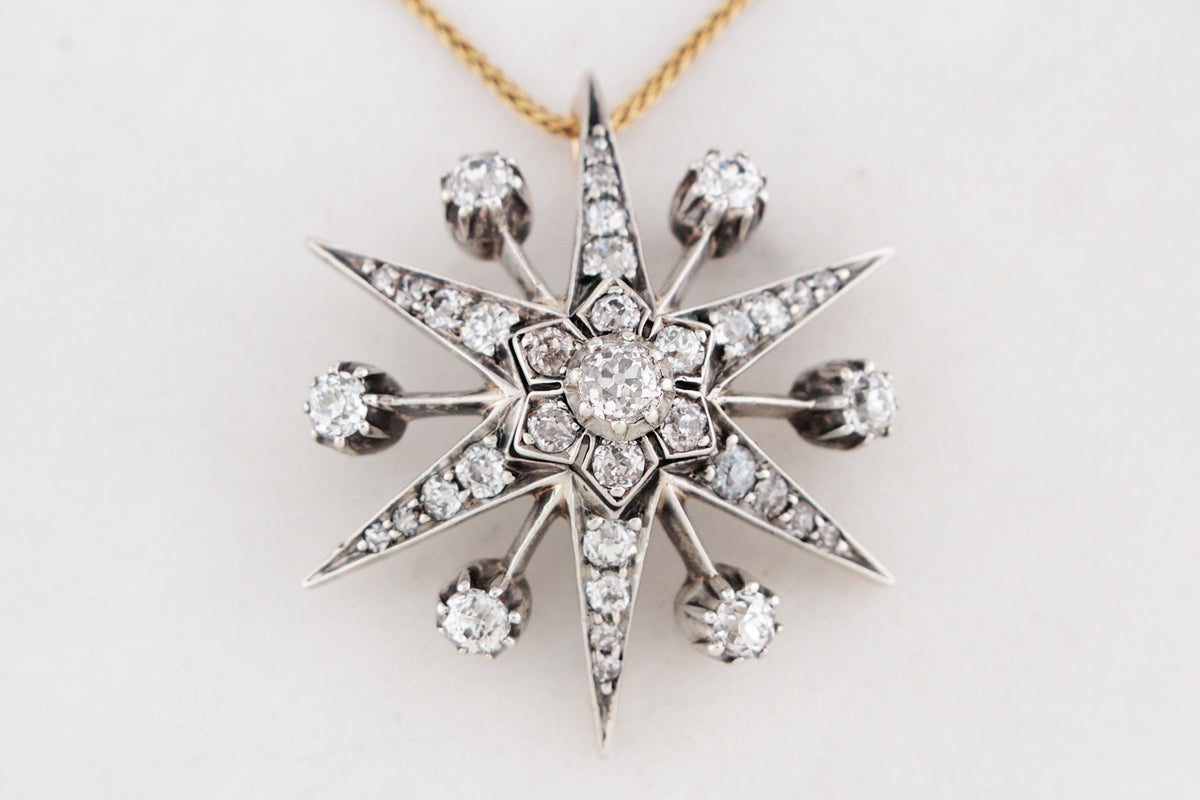 ANTIQUE VICTORIAN c1850 DIAMOND STARBURST PENDANT SILVER &amp; 9ct GOLD