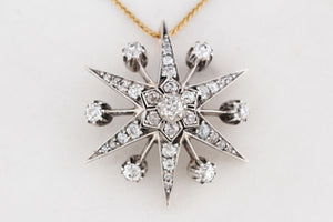 ANTIQUE VICTORIAN c1850 DIAMOND STARBURST PENDANT SILVER & 9ct GOLD
