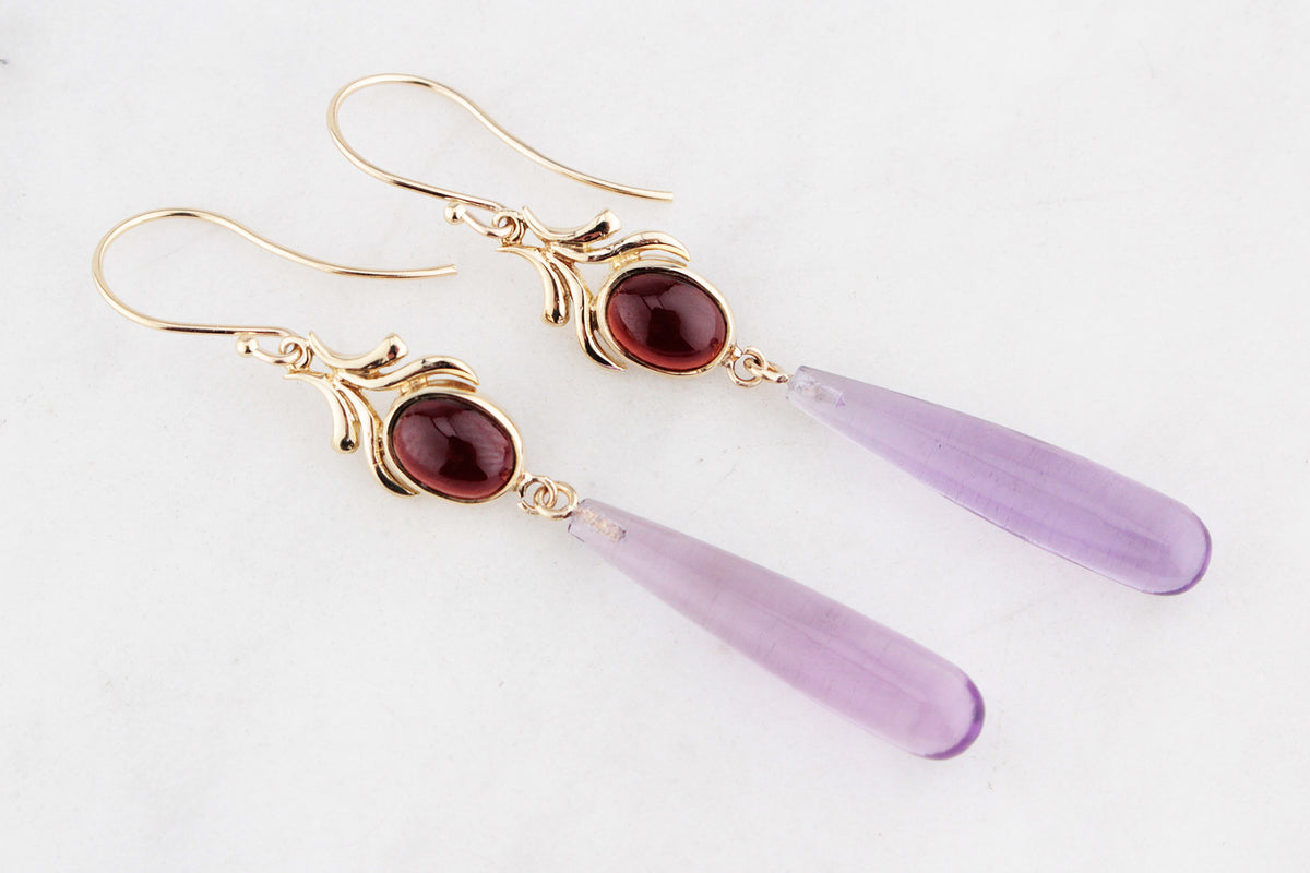 BESPOKE GARNET &amp; AMETHYST EARRINGS 9ct GOLD