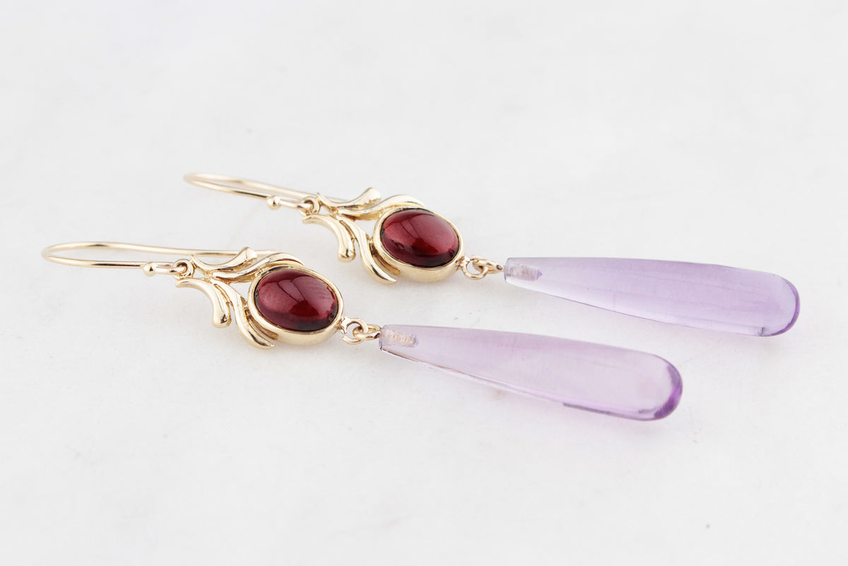 BESPOKE GARNET &amp; AMETHYST EARRINGS 9ct GOLD