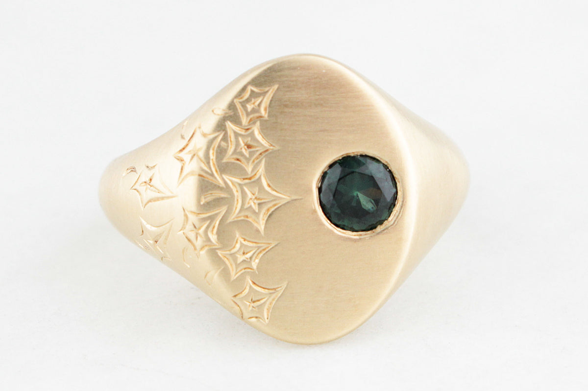 BESPOKE ETCHED SAPPHIRE SIGNET RING 9ct GOLD