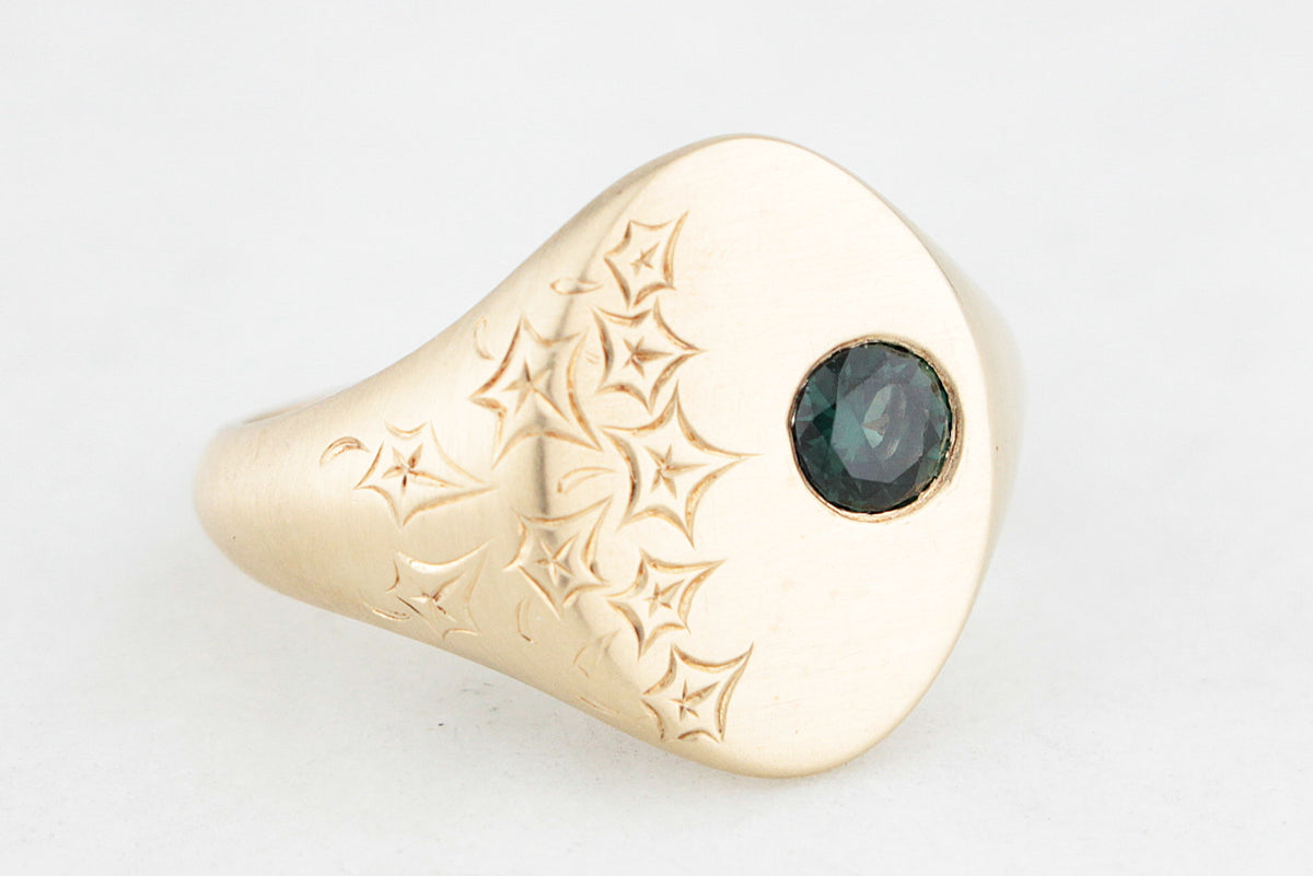 BESPOKE ETCHED SAPPHIRE SIGNET RING 9ct GOLD
