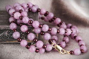 BESPOKE KUNZITE & GARNET NECKLACE 9CT GOLD