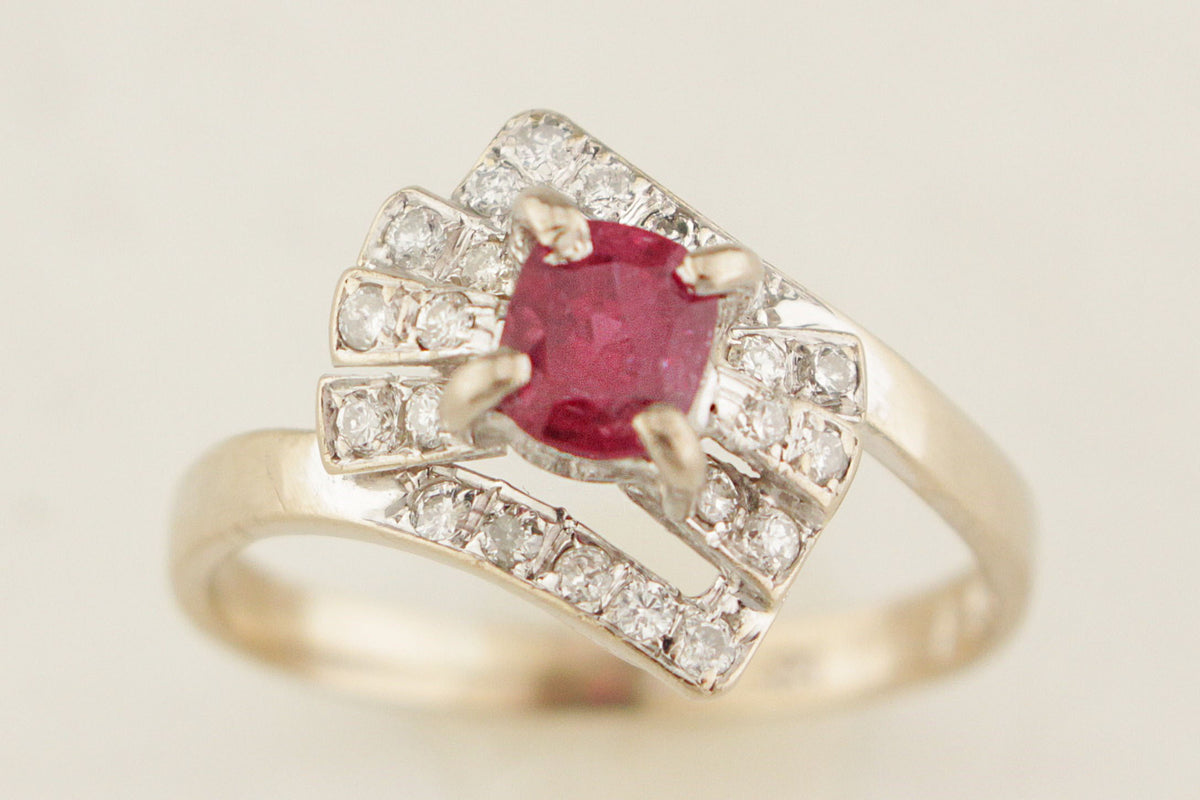 ART DECO c1920 RUBY &amp; DIAMOND RING 14ct WHITE GOLD