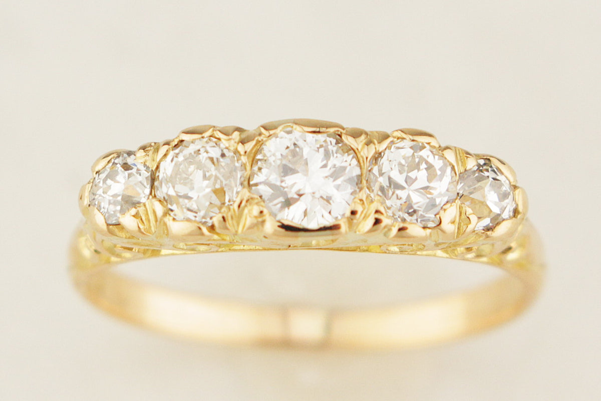 ANTIQUE EDWARDIAN c1900 FIVE STONE .80ct DIAMOND RING 18ct GOLD