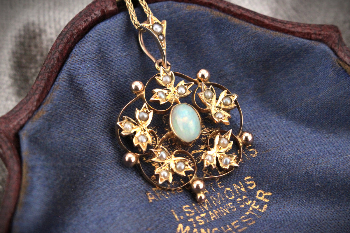 ANTIQUE EDWARDIAN c1900 OPAL &amp; SEED PEARL PENDANT 9ct GOLD