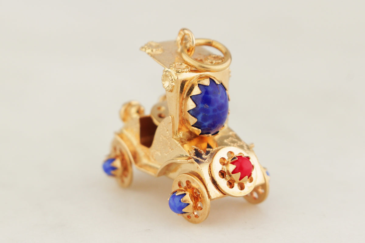 RETRO c1970 CORAL &amp; LAPIS LAZULI OLDSMOBILE PENDANT 14ct GOLD